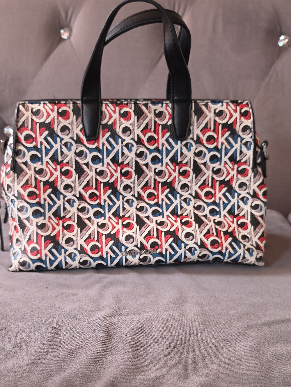 Calvin Klein Red Blue Cream Black Monogram Satchel